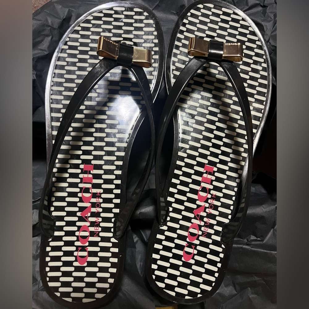 Coach Black Sandals with Gold Bow Accent